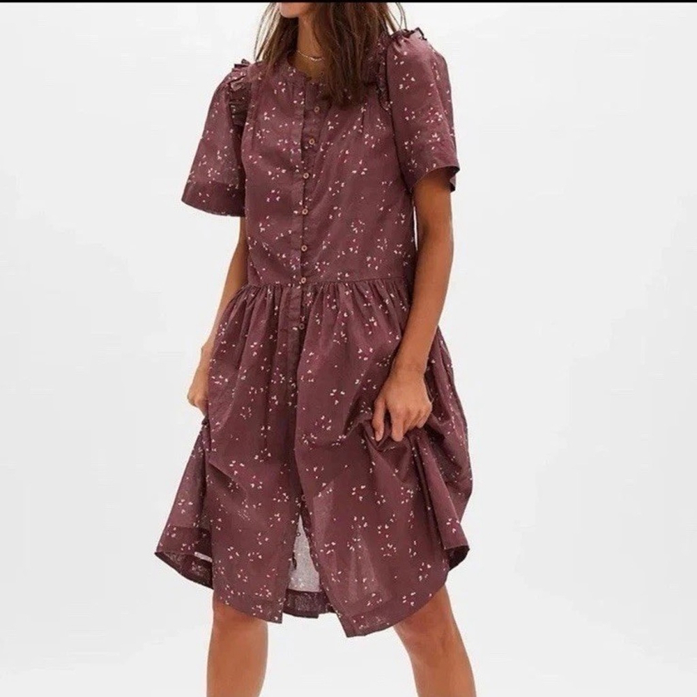 Free People Bella Mae Midi Dress Buttondown Floral Printed Cotton Brown L Boho